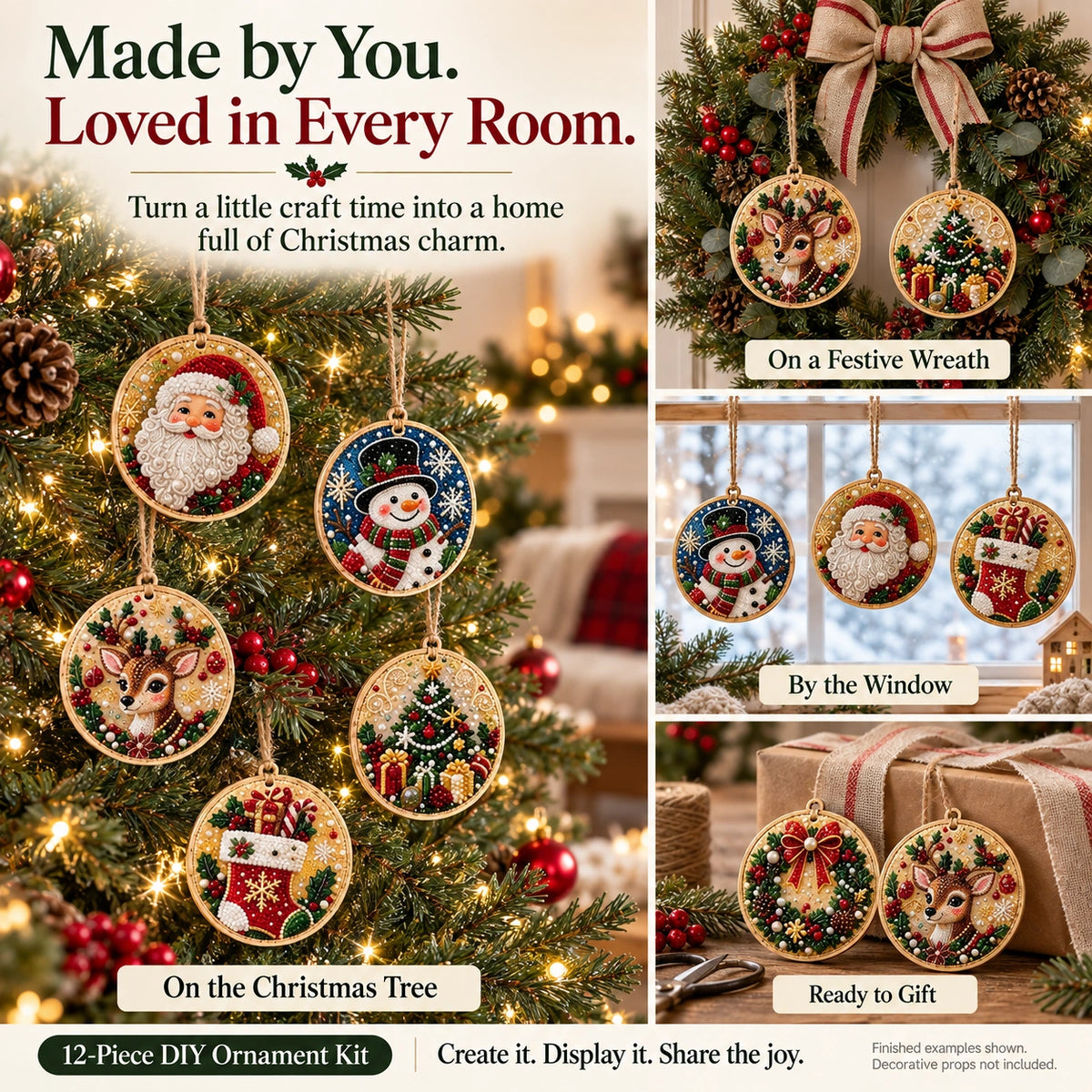 Finished DIY Christmas ornaments displayed on a tree, wreath, window, and gift