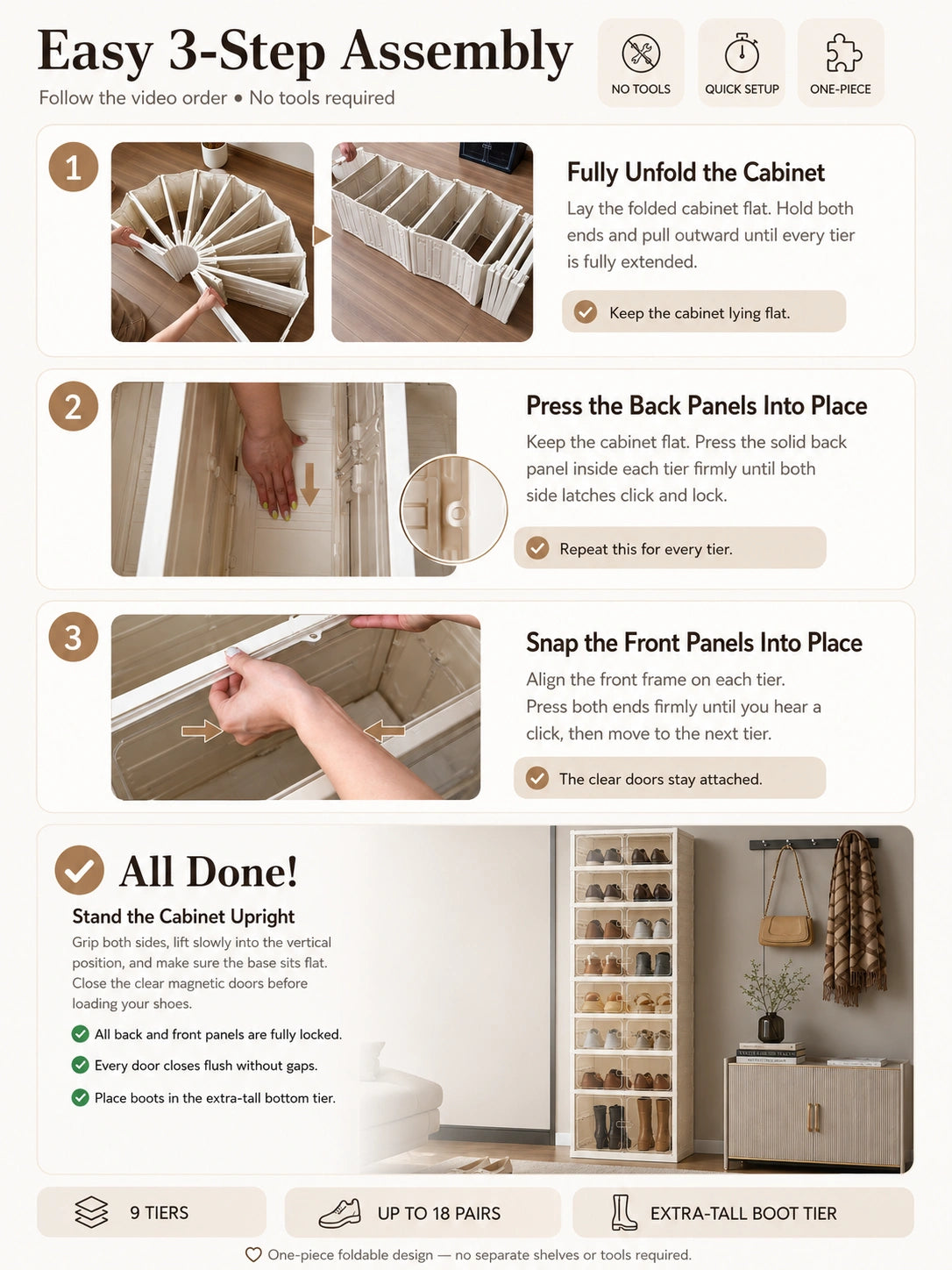One-person, tool-free setup and compact folding storage for the CozyNeat 9-tier shoe cabinet