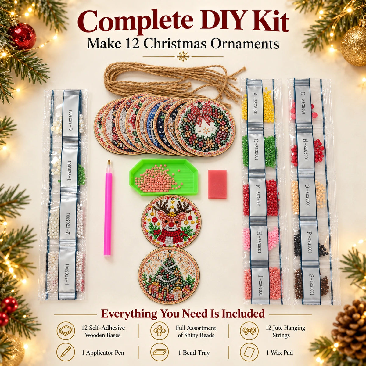 Complete DIY Christmas ornament kit with wooden bases, beads, cords, applicator pen, tray, and wax pad