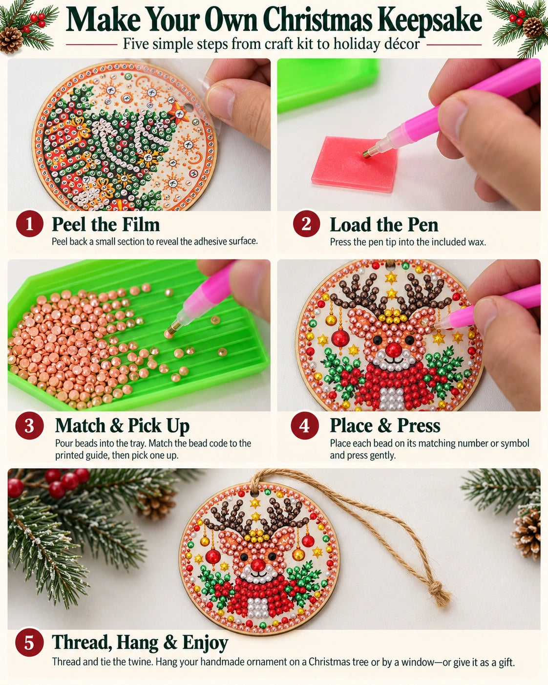 Five-step DIY Christmas ornament process from peeling the film to threading the finished ornament