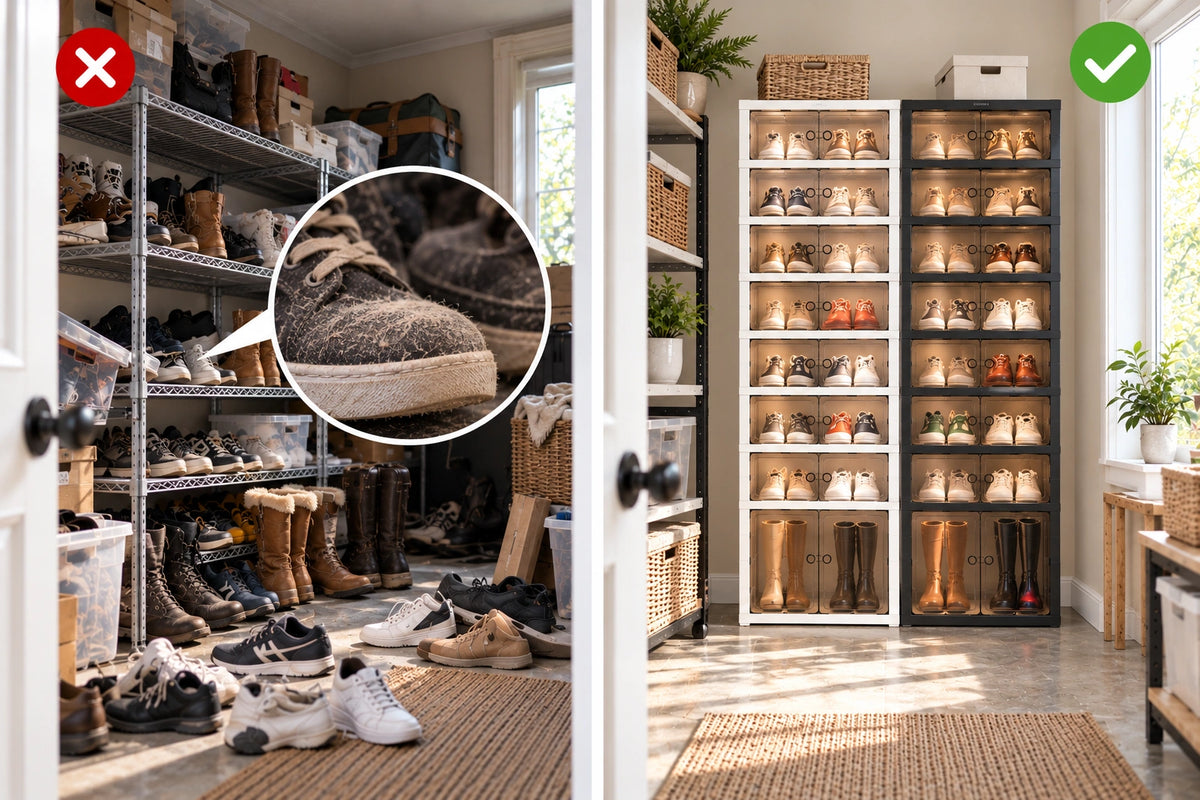 Before-and-after storage showing off-season shoes organized in enclosed 9-tier cabinets for cleaner garage or storage room use