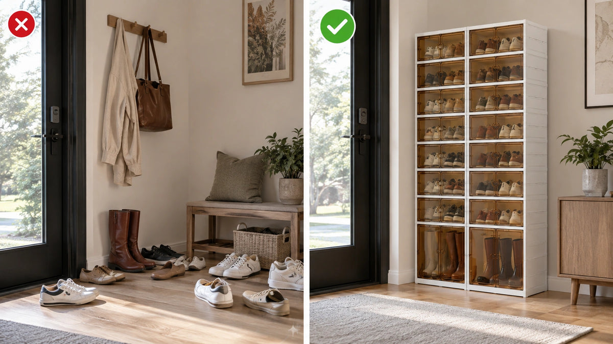Before-and-after entryway showing scattered shoes organized neatly in a slim 9-tier shoe cabinet
