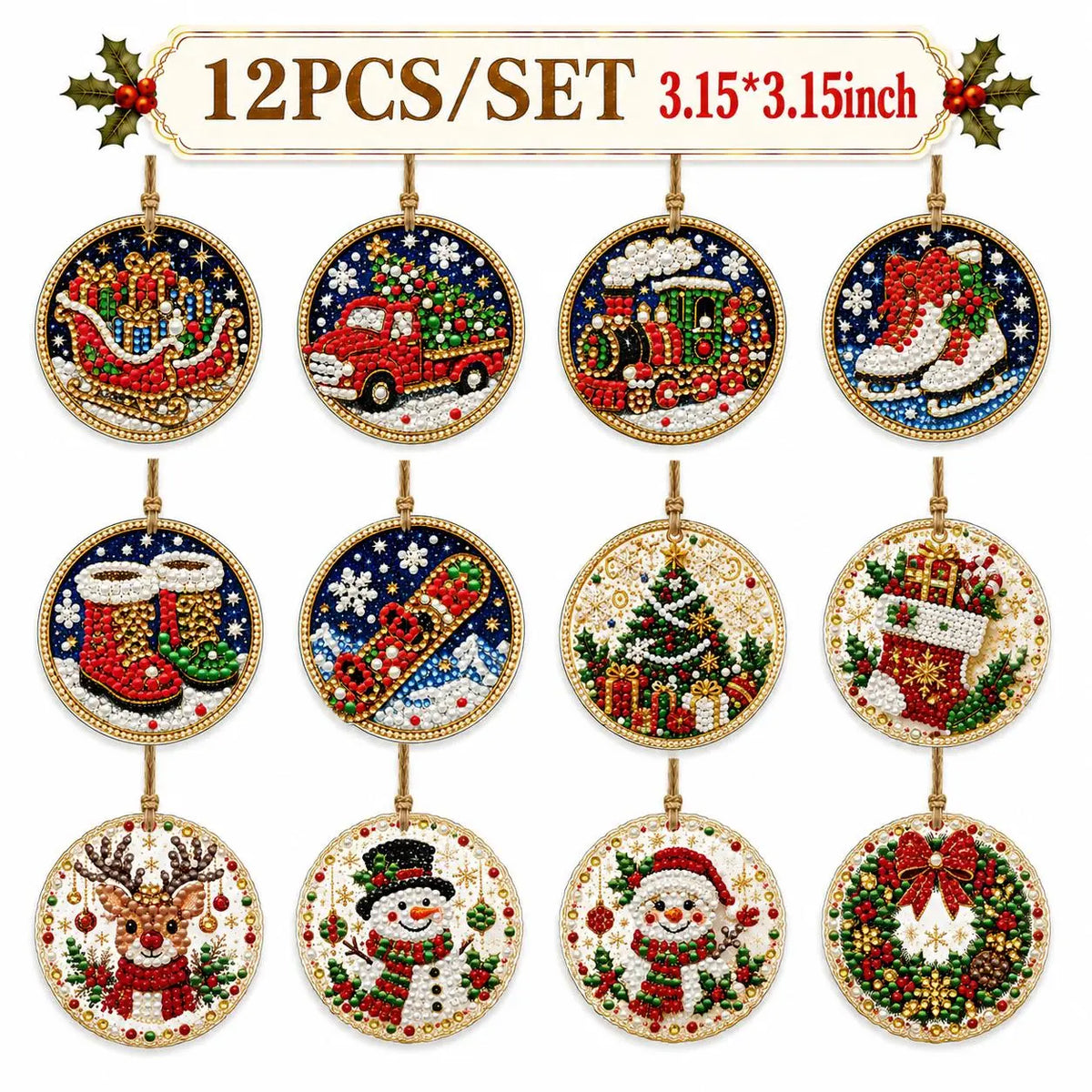 Style E DIY Christmas diamond painting kit with 12 festive ornament designs