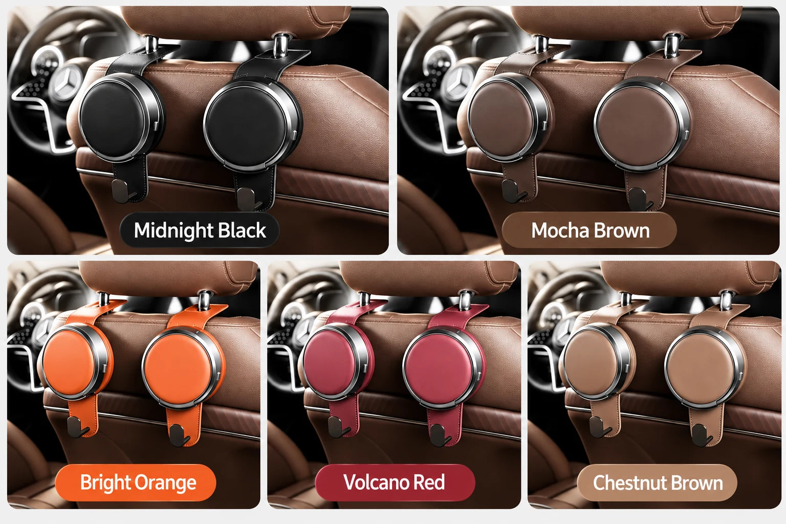 Five available colors: Midnight Black, Mocha Brown, Bright Orange, Volcano Red, and Chestnut Brown