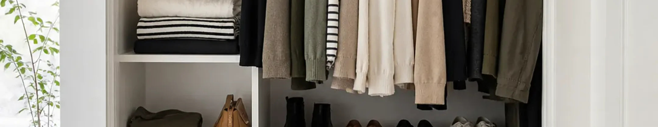 Bright closet organized with shelves, hanging clothes and shoes