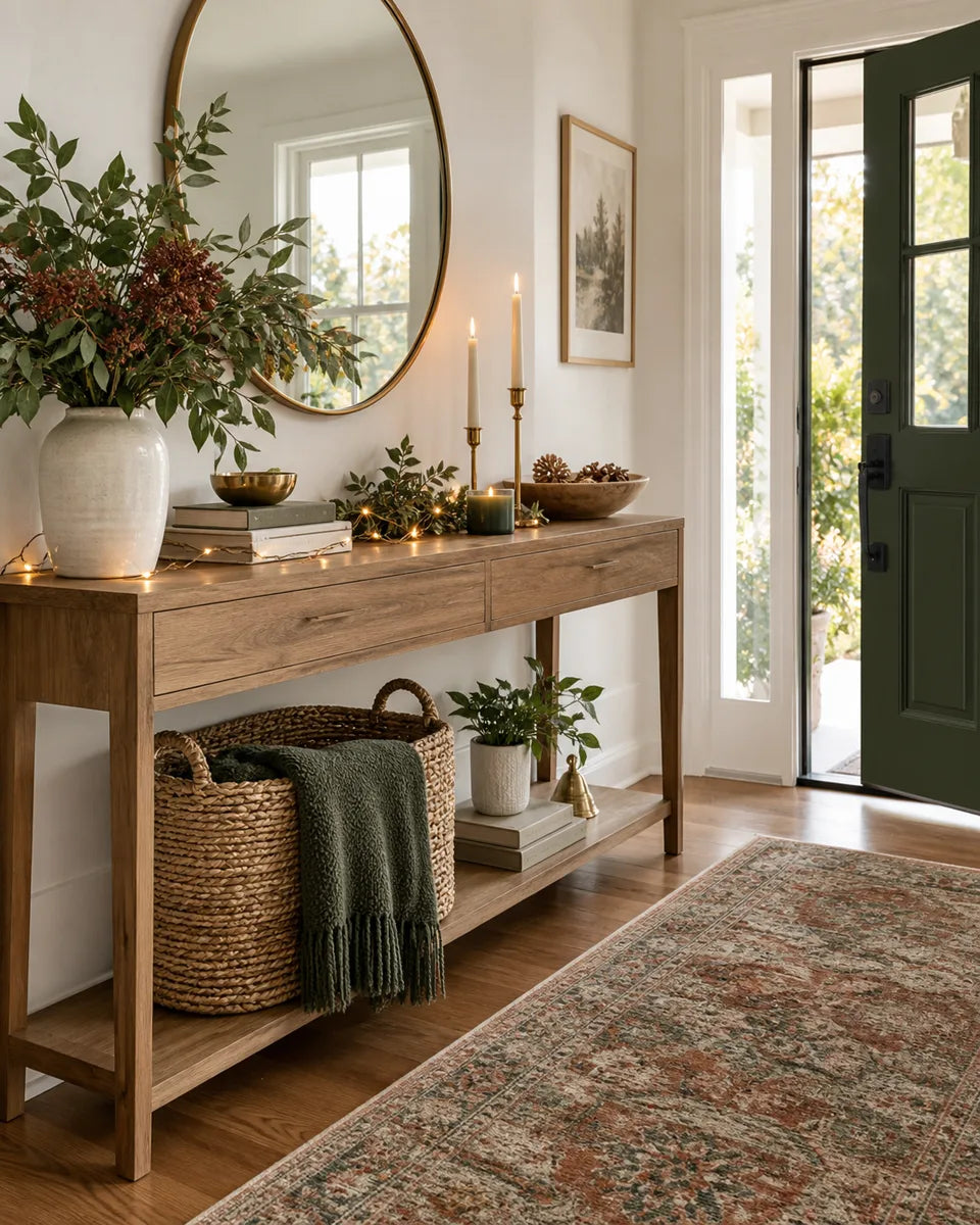 Warm entryway styled with understated seasonal decor