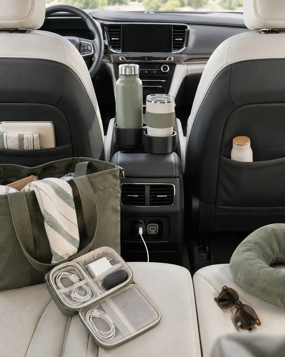 Organized car interior with practical travel essentials