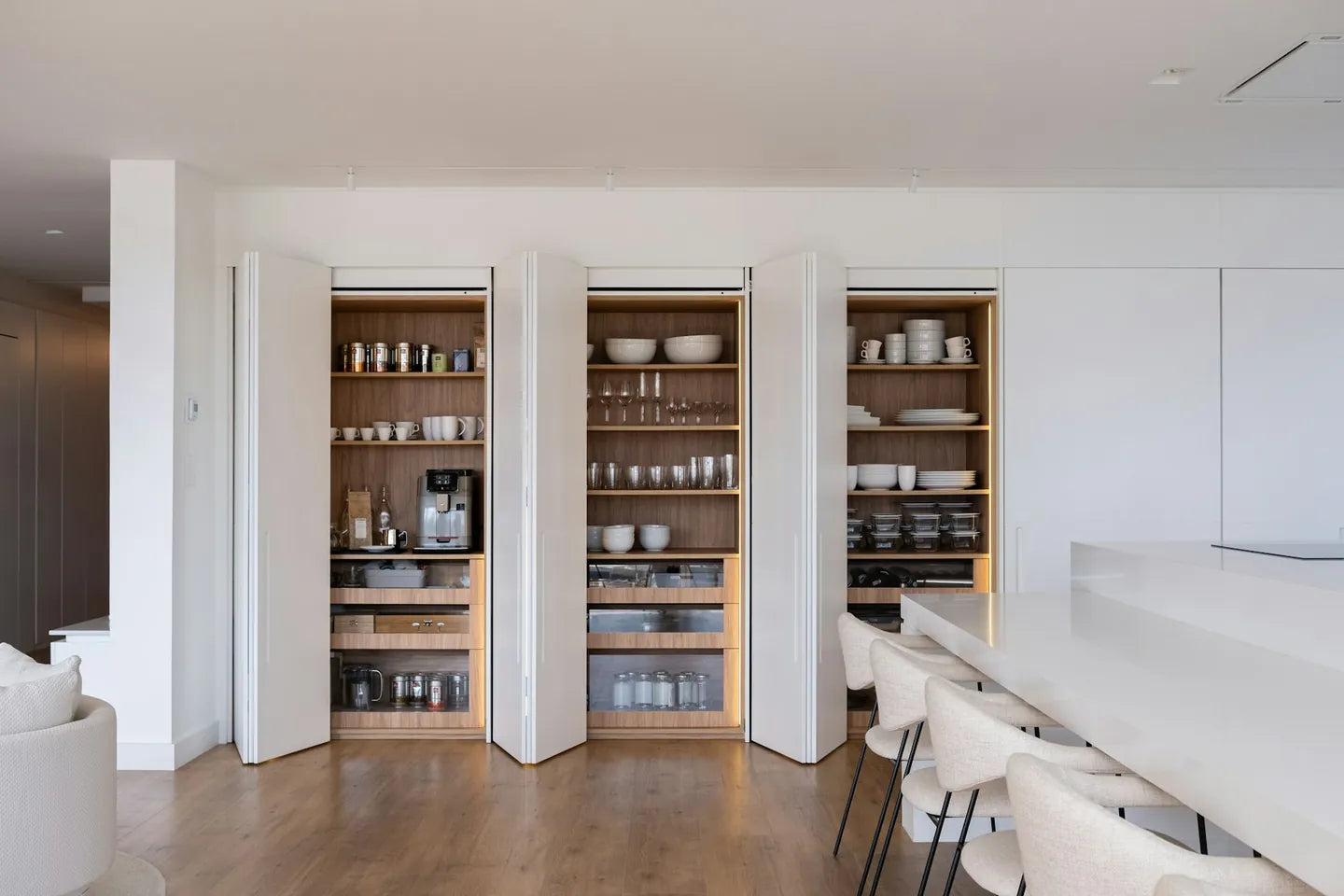 Everyday household essentials organized in a modern kitchen