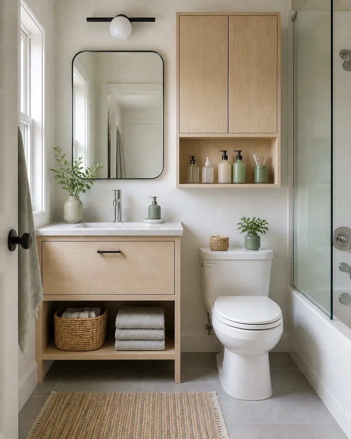 Organized bathroom with compact storage zones