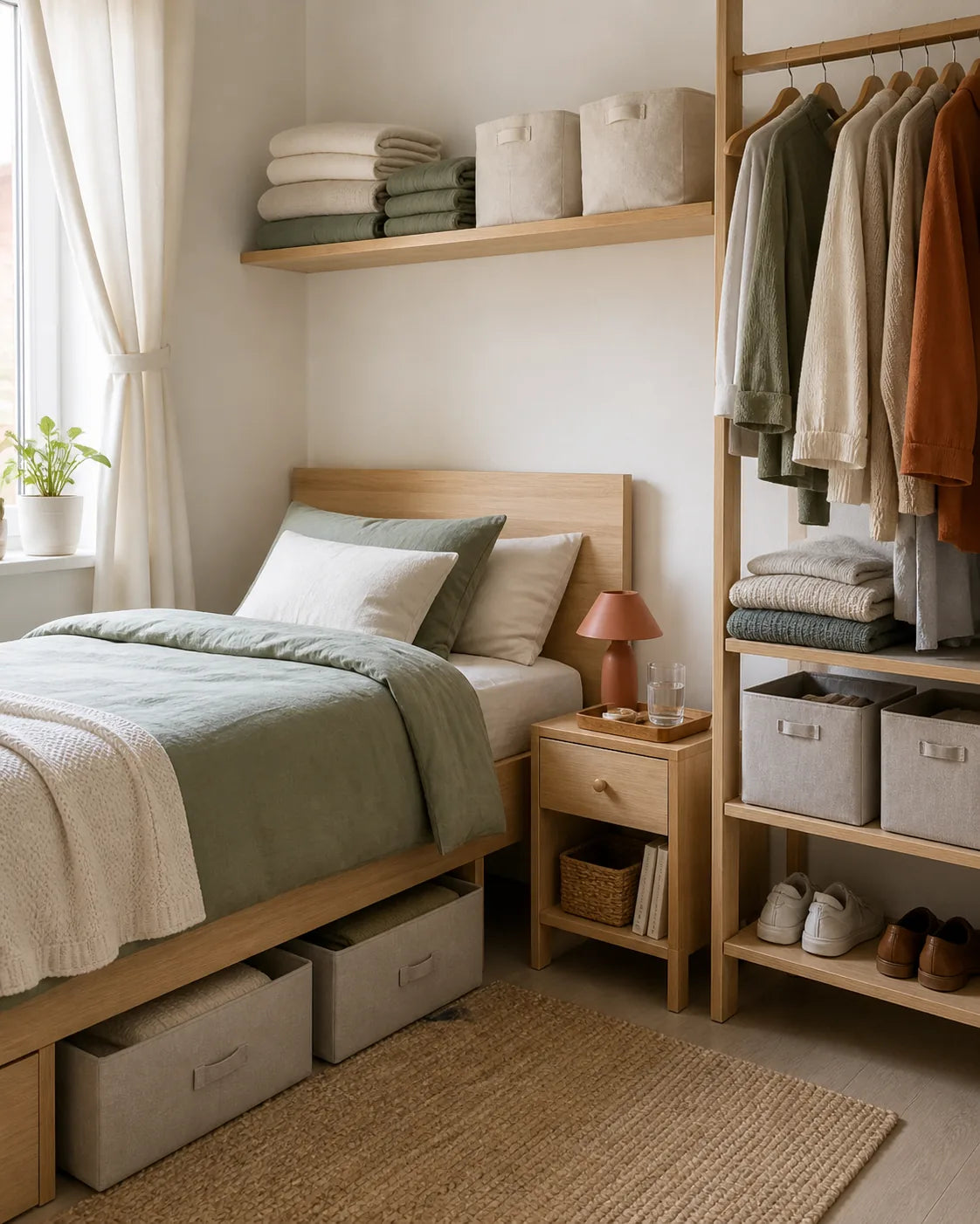 Organized bedroom with practical everyday storage