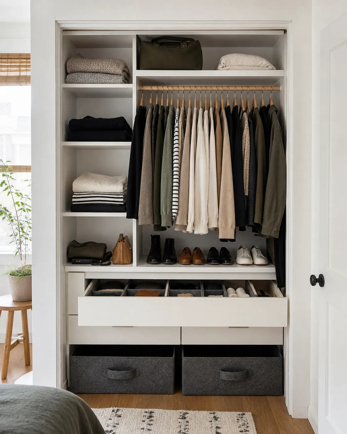 Organized closet with practical racks and shelves