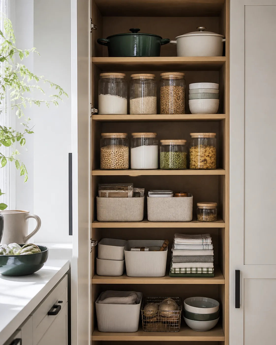 Organized kitchen with clear zones for cookware and staples